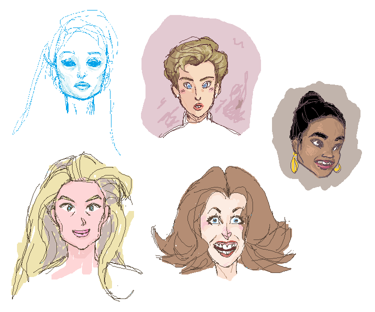 neck-up pixel sketches of various ladies, done in different styles: one in blue tones looks like an Italian model who is also an alien, one looks like a cartoon 90's Barbie if she was an Amazon warrior, one looks like a charicature of a crazy suburban housewife in the 70's, one takes a somewhat painterly approach towards a sweetly smiling black woman with ballet top knot, final one has a very Laura Ashley vibe despite having a Business Lady Power Haircut